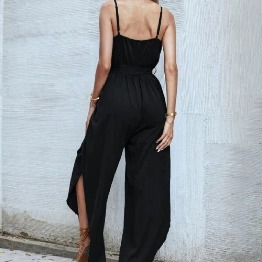 Belted Cami Split Thigh Jumpsuit Black - Picture 3 of 9
